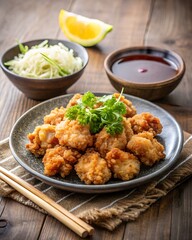 Fototapeta premium Photo of crispy golden brown fried chicken bites garnished with fresh parsley, served with a side of dipping sauce and shredded vegetables
