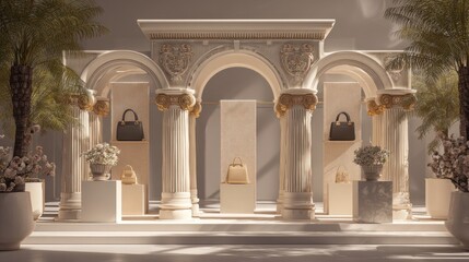 Obraz premium Elegant, arched colonnade displays luxury handbags