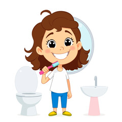 Cartoon Girl Brushing Teeth in Bathroom &ndash; Kids Morning Routine Vector Illustration