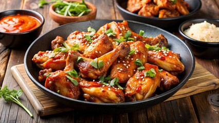 Fototapeta premium Photo of tantalizing glazed chicken wings sprinkled with sesame seeds and fresh green herbs, served in a black bowl