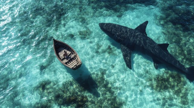 Film still, aerial view, of a small wooden boat with a person in it in the ocean, circles by giant shark shadows in the water