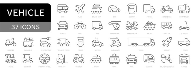 Plakat Vehicle simple line icons. Transport, car, plane, ship, train, helicopter, bike, truck, subway, yacht editable stroke icon. vector