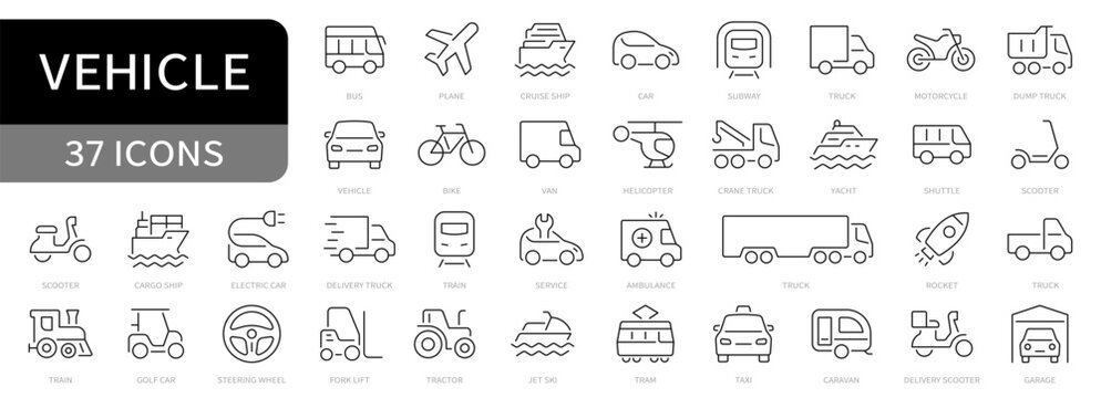 Vehicle simple line icons. Transport, car, plane, ship, train, helicopter, bike, truck, subway, yacht editable stroke icon. vector