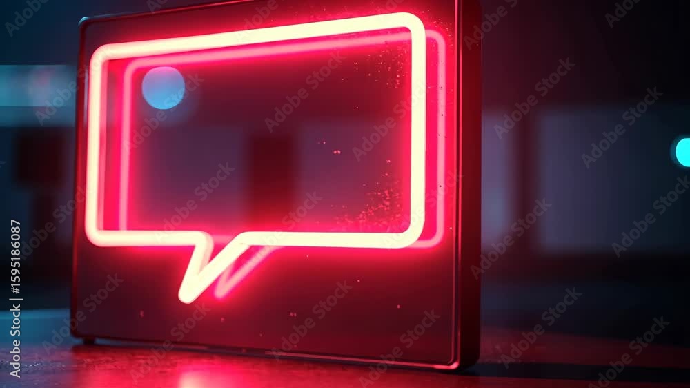 Poster a neon-lit 3d message bubble icon with a slight transparency, glowing against a dark interface, cybe