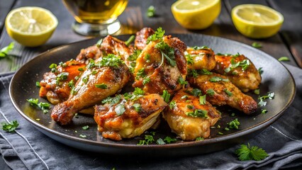 Photo of a generous serving of goldenbrown fried chicken wings, garnished with fresh parsley and lemon wedges, is presented on a dark plate
