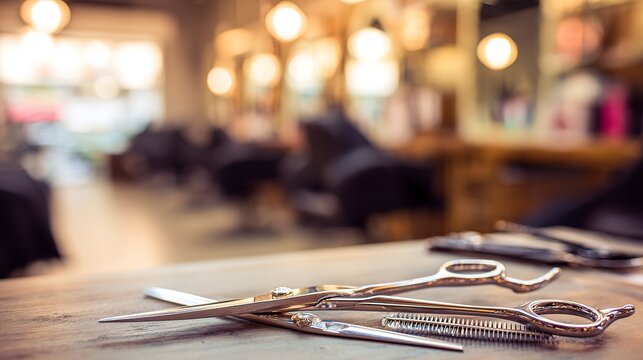 Pair of barber scissors resting on a wooden table in a salon