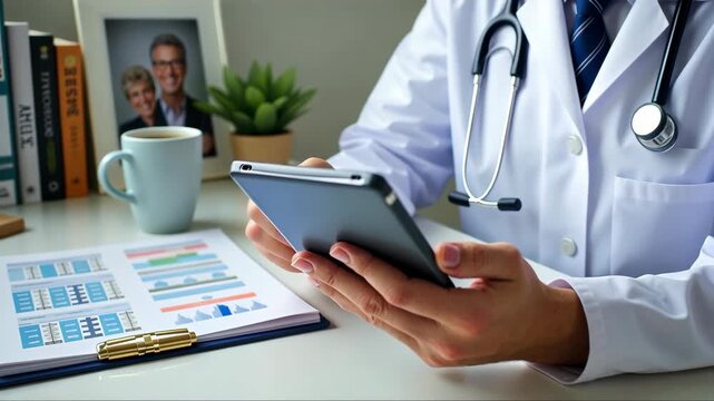 Healthcare professional competencies. A close-up of a doctor's hands holding a tablet, reviewing test results with a concerned expression. The background show family photo and cup of tea or coffee.