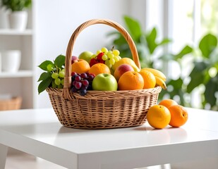 Vibrant, fresh fruits in a rattan basket on a white table, ideal for themes of healthy eating and natural abundance.