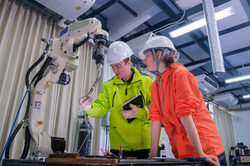 Engineers collaborate in a modern lab on robotics technology development during the daytime