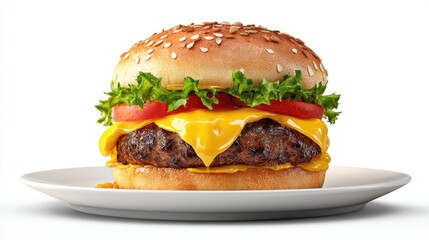 Cheese Burger on plate. Burger featuring a juicy beef patty and melted cheese. Fresh green lettuce and sesame seed bun. hamburger.