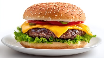 Cheese Burger on plate. Burger featuring a juicy beef patty and melted cheese. Fresh green lettuce and sesame seed bun. hamburger.