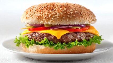 Cheese Burger on plate. Burger featuring a juicy beef patty and melted cheese. Fresh green lettuce and sesame seed bun. hamburger.
