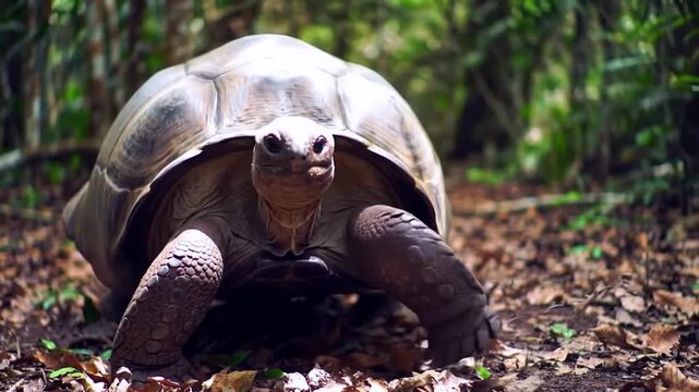 Turtle Walking Through Leaves in Natural Habitat (Close-Up)
