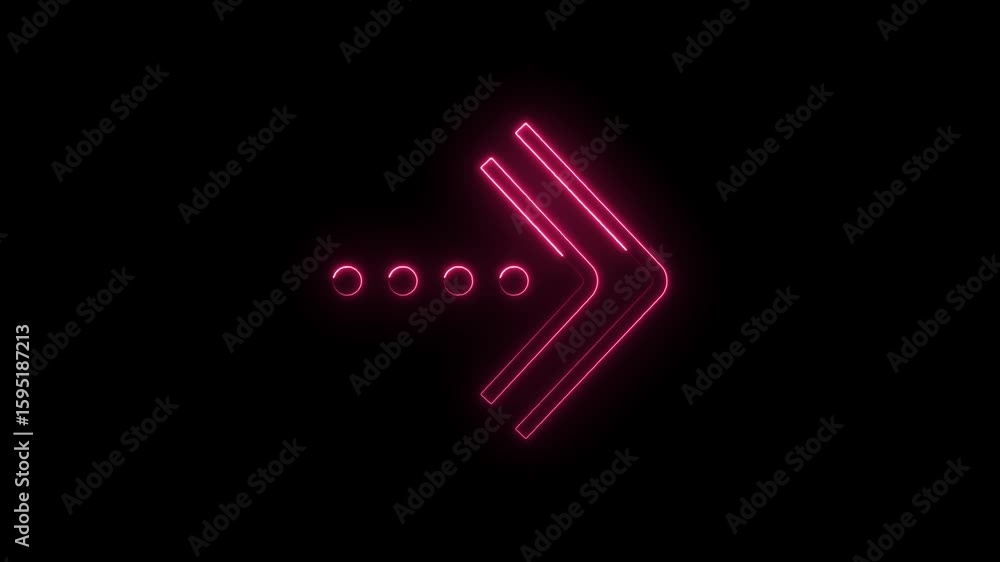 Poster glowing pink neon arrow symbol with pulsating dots isolated on black background futuristic digital