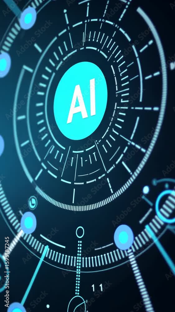 Poster digital interface with blue and white elements, surrounded by virtual modern futuristic hi-tech inte