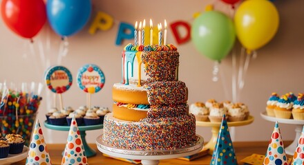 Fototapeta premium Colorful Birthday Cake with Lit Candles and Party Decorations – Festive Celebration Concept