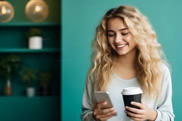 Fototapeta premium Smiling Young Woman Using Smartphone and Drinking Coffee with Lighthearted Demeanor