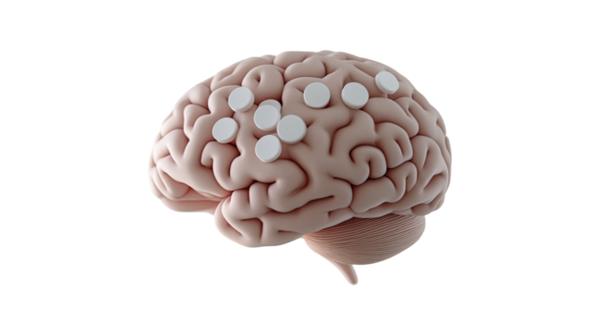 3D model of a human brain with pills