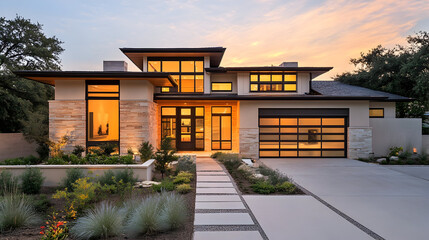 Modern house exterior at sunset with illuminated windows and landscaped garden