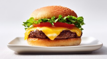 Cheese Burger on plate. Burger featuring a juicy beef patty and melted cheese. Fresh green lettuce and sesame seed bun. hamburger.