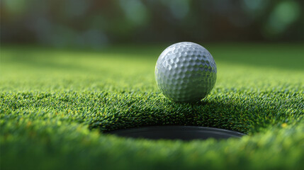 Obraz premium A golf ball sits on the green grass near the hole ready to be putted in for a successful game play