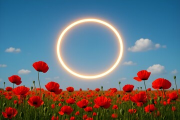 Fototapeta premium A vibrant field of red poppies under a clear blue sky with a circular bright light resembling a sun above. Concept Vibrant Red Poppies, Clear Blue Sky, Bright Circular Sunlight, Nature Photography