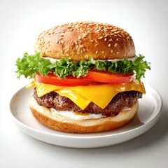 Cheese Burger on plate. Burger featuring a juicy beef patty and melted cheese. Fresh green lettuce and sesame seed bun. hamburger.