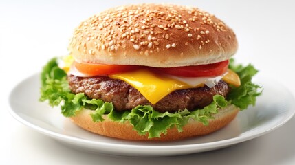 Cheese Burger on plate. Burger featuring a juicy beef patty and melted cheese. Fresh green lettuce and sesame seed bun. hamburger.