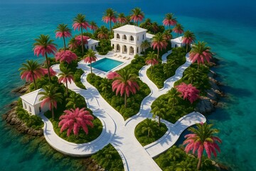 A luxurious island estate with palm trees, vibrant flowers, a swimming pool, and a winding pathway amidst turquoise waters. Concept Luxurious Island Estate, Tropical Paradise, Pristine Swimming Pool