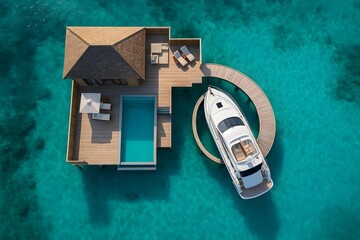 A luxurious overwater villa with a pool and a boat docked nearby, surrounded by clear blue water. Concept Overwater Villa, Luxurious Amenities, Private Pool, Scenic Views, Boat Docking