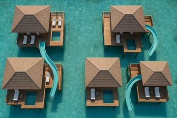 Overwater bungalows with wooden decks, private pools, and water slides, situated in clear turquoise waters. Concept Luxury Overwater Bungalows, Private Pools, Scenic Wooden Decks, Turquoise Waters