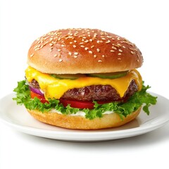 Cheese Burger on plate. Burger featuring a juicy beef patty and melted cheese. Fresh green lettuce and sesame seed bun. hamburger.