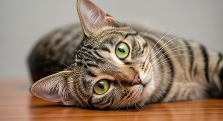 Adorable Tabby Cat Relaxing on Wooden Surface with Green Eyes