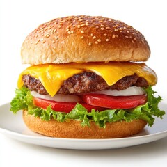 Cheese Burger on plate. Burger featuring a juicy beef patty and melted cheese. Fresh green lettuce and sesame seed bun. hamburger.