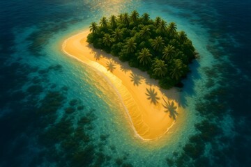 A serene tropical island with lush green trees, golden sandy beach, and clear turquoise waters, casting shadows from palm trees. Concept Tropical Paradise, Lush Greenery, Sandy Beach, Clear Waters