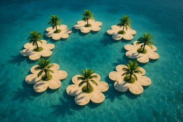 Aerial view of circular islands with palm trees in turquoise water, resembling flower shapes. Concept Aerial Photography, Circular Islands, Tropical Landscapes, Palm Trees, Turquoise Waters