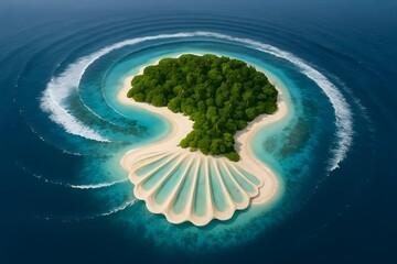 A scenic aerial view of a tropical island shaped like a shell, surrounded by turquoise waters and sandy beaches. Concept Scenic Aerial View, Tropical Island, Shell-Shaped Geography, Turquoise Waters