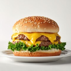 Cheese Burger on plate. Burger featuring a juicy beef patty and melted cheese. Fresh green lettuce and sesame seed bun. hamburger.