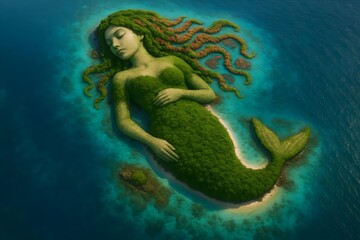 A massive, green mermaid sculpture made of foliage lies peacefully in a turquoise sea, surrounded by smaller islands. Concept Mermaid Sculpture, Foilage Art, Turquoise Sea, Island Serenity