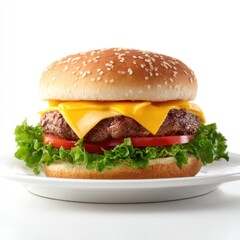 Cheese Burger on plate. Burger featuring a juicy beef patty and melted cheese. Fresh green lettuce and sesame seed bun. hamburger.