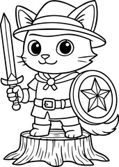 Knight Cat Line Art – Cartoon Feline Warrior with Sword, Shield and Medieval Attire on Tree Stump