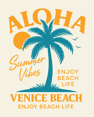 Fototapeta premium Aloha Summer Vibes Venice Beach Tropical Palm Tree Sunset Vector Design for Apparel, Travel Posters, and Beach-Themed Merchandise