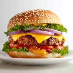 Cheese Burger on plate. Burger featuring a juicy beef patty and melted cheese. Fresh green lettuce and sesame seed bun. hamburger.