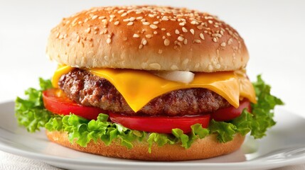 Cheese Burger on plate. Burger featuring a juicy beef patty and melted cheese. Fresh green lettuce and sesame seed bun. hamburger.