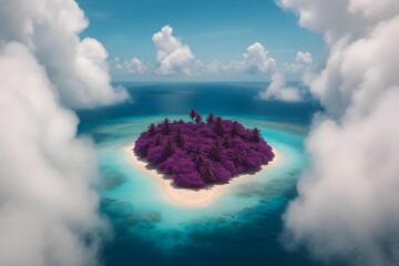 A vibrant, surreal island with purple foliage surrounded by turquoise water and soft clouds overhead. Concept Surreal Island Landscape, Purple Foliage, Turquoise Water, Soft Clouds