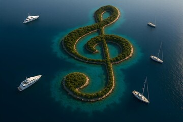 An aerial view of an island shaped like a treble clef, surrounded by boats in clear blue water. Concept Aerial Island View, Treble Clef Shape, Clear Blue Water, Surrounding Boats, Scenic Landscape