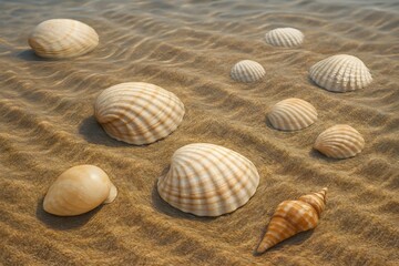 A variety of seashells on sandy ocean floor, partially submerged in clear water, reflecting light and creating gentle ripples. Concept Seashell Diversity, Sandy Ocean Floor, Clear Water Reflections
