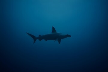 A hammerhead shark swimming gracefully in deep blue water. Concept Hammerhead Shark, Deep Blue Water, Graceful Movement, Underwater Beauty, Marine Life