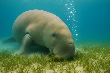 A manatee grazing on seagrass underwater, surrounded by bubbles and a clear blue ocean. Concept Manatee Habitat, Underwater Photography, Seagrass Ecosystems, Marine Life, Ocean Conservation
