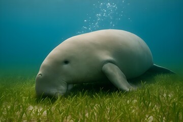 A gentle dugong grazing on seagrass underwater, surrounded by bubbles and a serene aquatic environment. Concept Dugong Grazing, Underwater Scene, Seagrass Habitat, Serene Aquatic Life